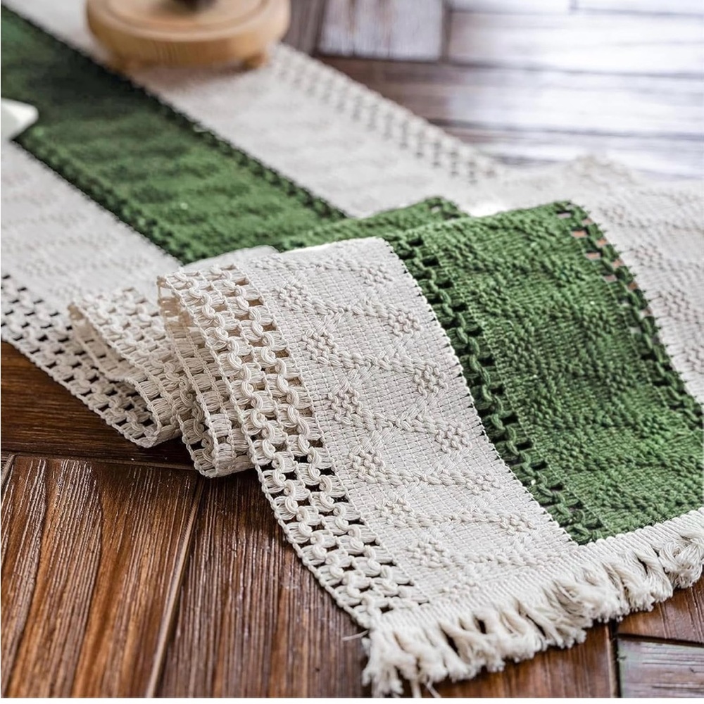 Bojo Green and Cream Table Runner with tassels